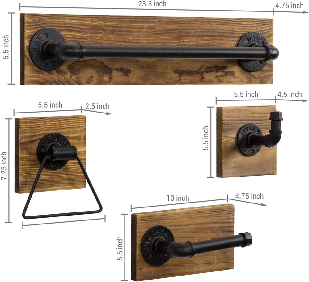 MyGift 4 Pc Bathroom Hardware Set with Burnt Wood & Matte Black Metal Pipe