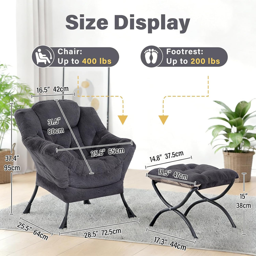 Plush Lazy Chair and Ottoman, Large Dark Grey Contemporary Accent Chair with ...