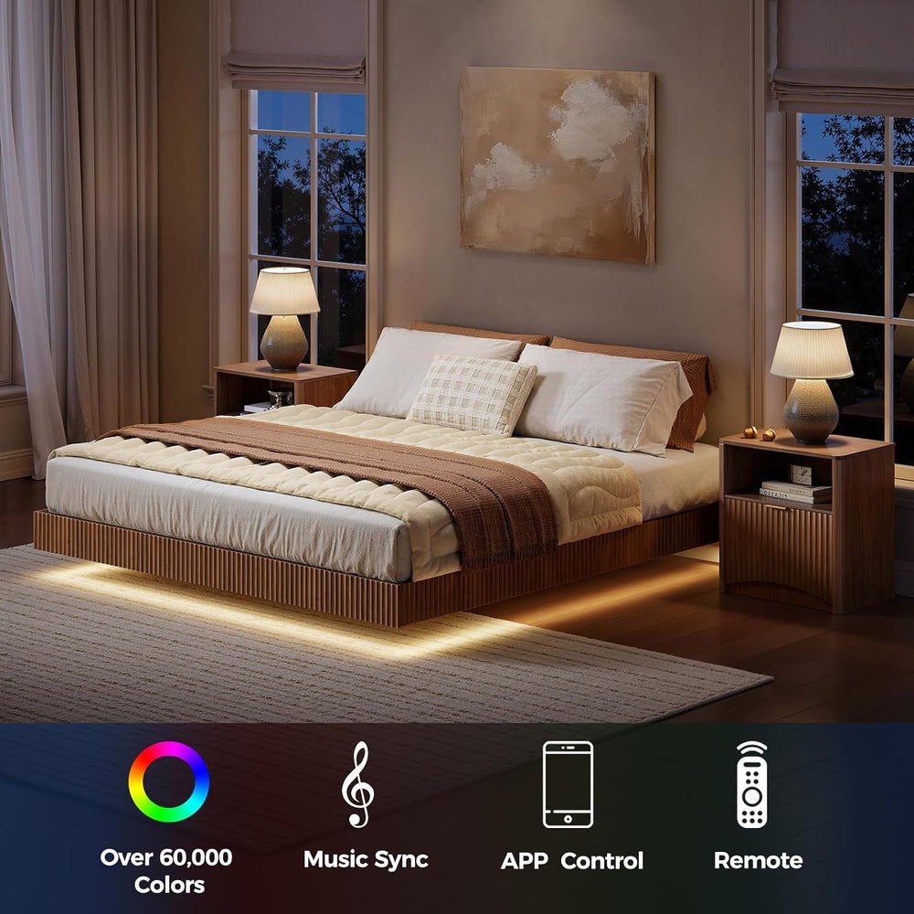 Evermagin Queen Bedroom Set, Fluted Floating Bed Frame & Nightstands,Walnut