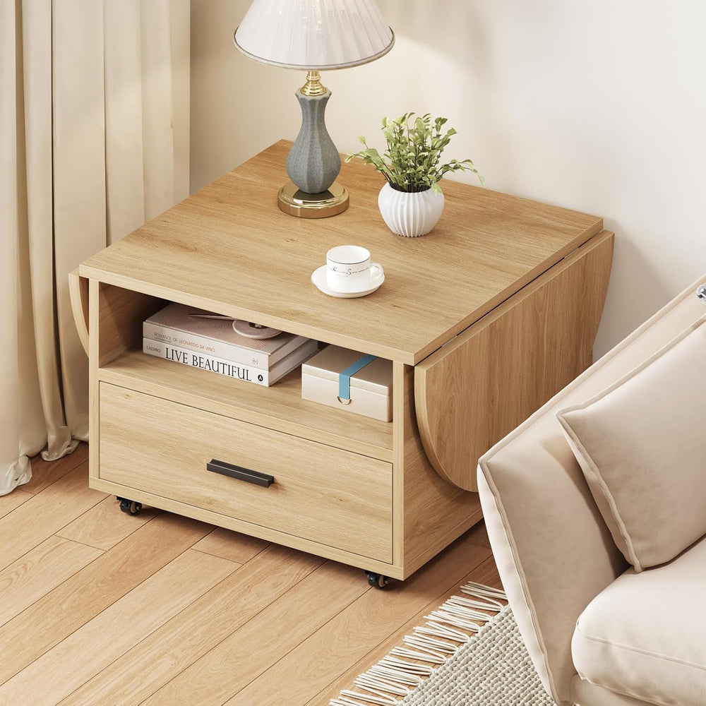 IBF 47" Foldable Coffee Table for Living Room with Wheels and Drawer, Oak