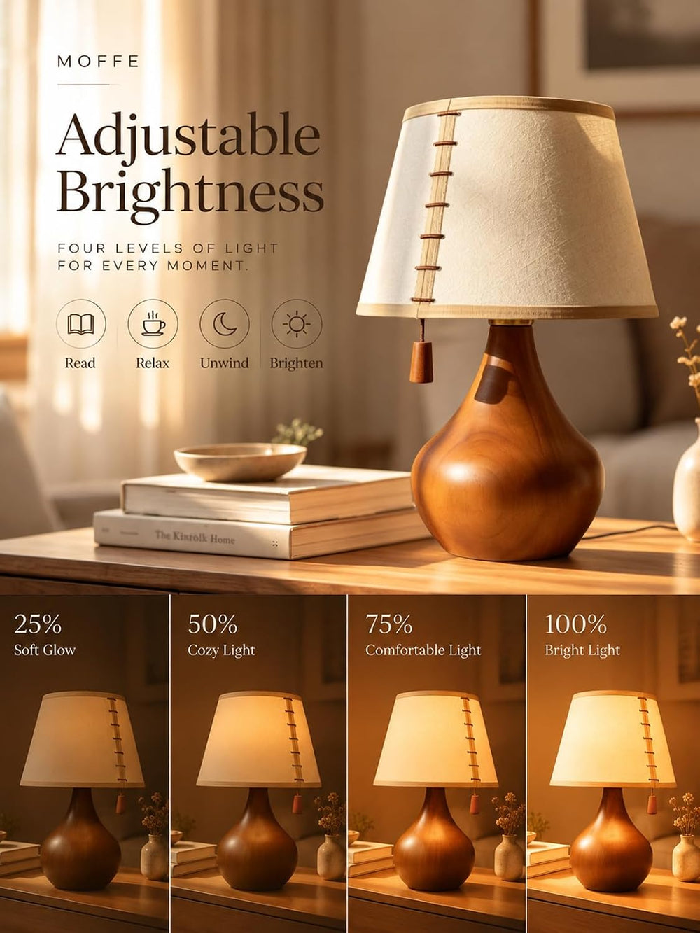 MOFFE Solid Wood Table Lamp for Bedroom with One-Piece Shade