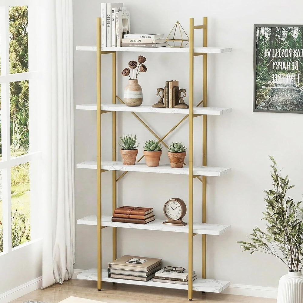 5 Tiers Bookshelf Organizer White Faux Marble Shelf,Modern Open Display Stora...
