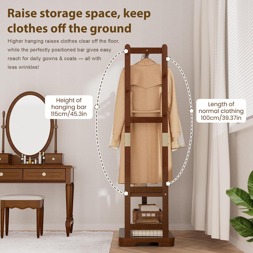 Taitiy Coat Rack Solid Wood Hall Tree Storage 2 Shelves 5 Hooks