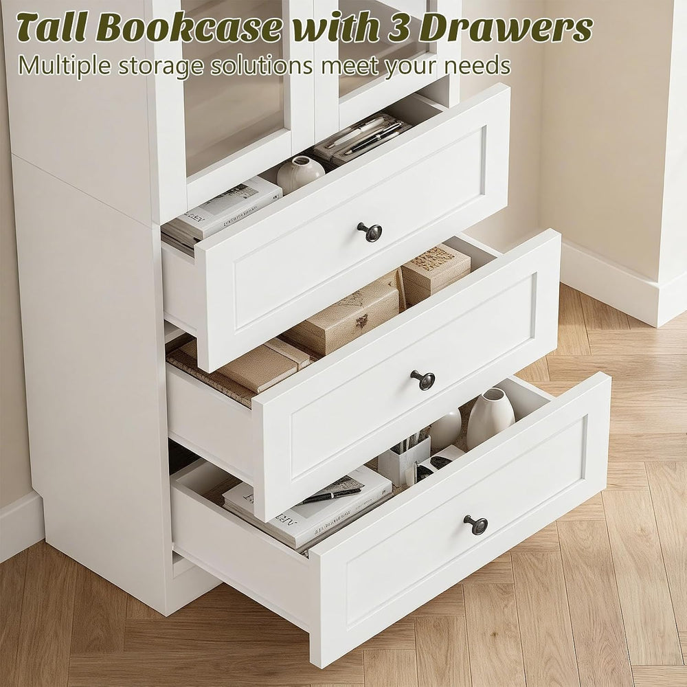 Cyclysio 2 Pack 80" Tall Bookcase with 3 Drawers & Glass Doors, White