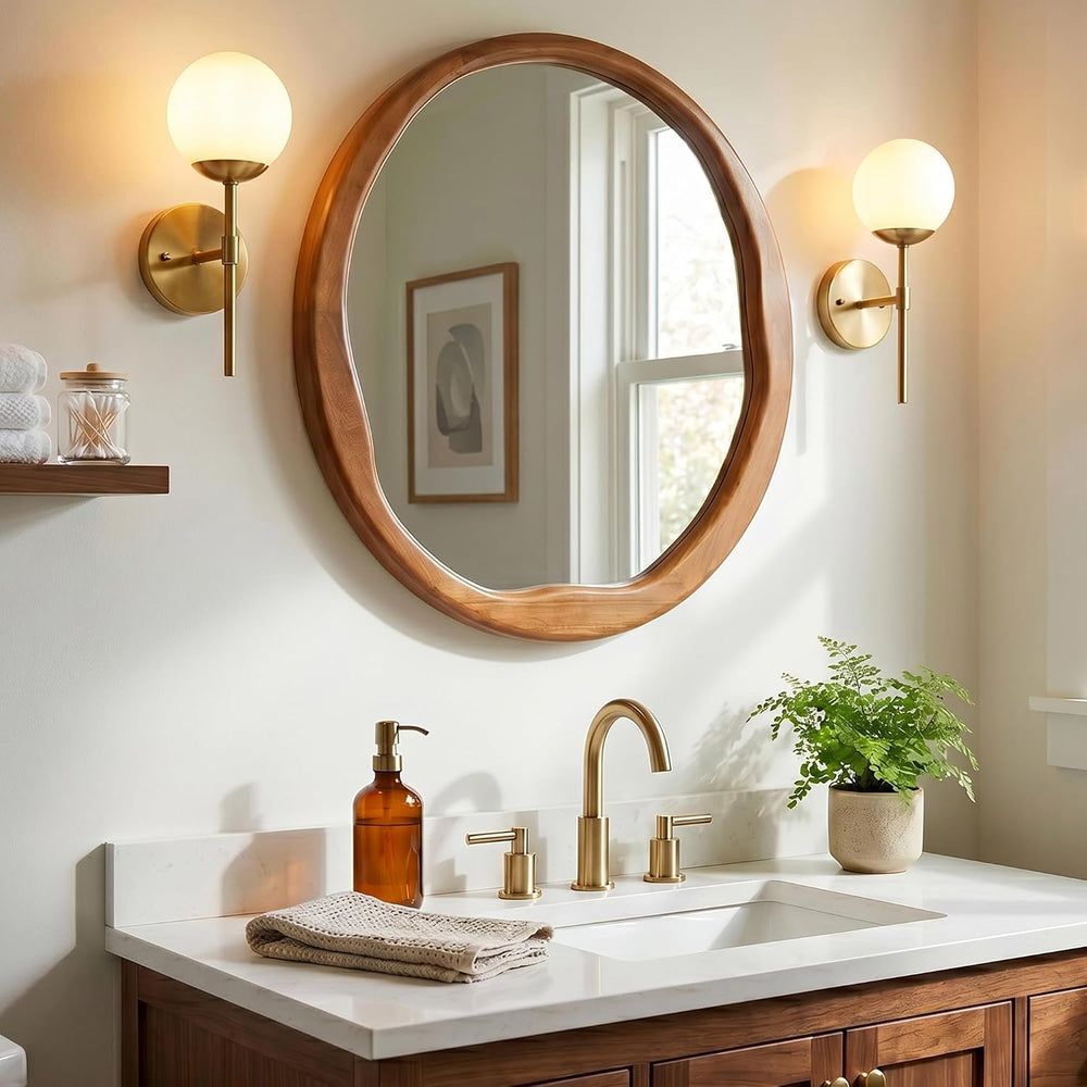 Warm Walnut 24 Inch Round Wood Wall Mirror, Asymmetrical Inner Edge