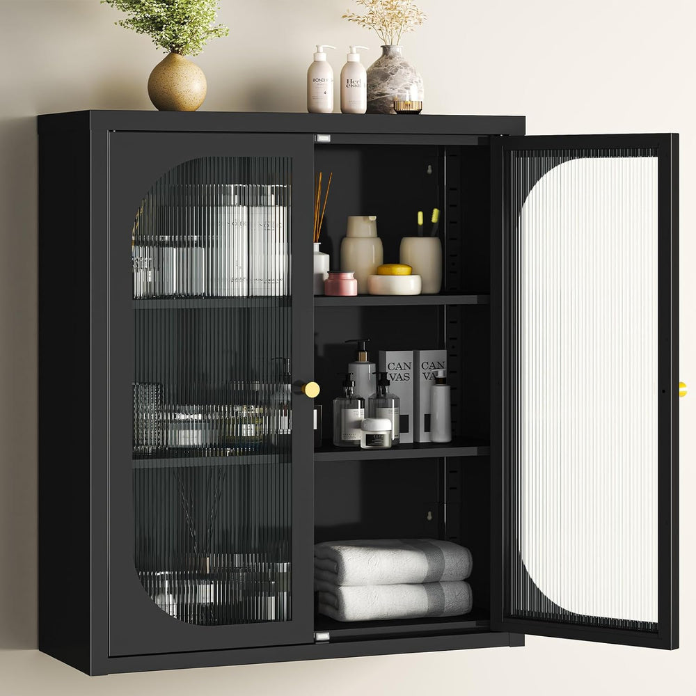 Bathroom Wall Cabinet with Fluted Doors, Fully Enclosed Metal Wall Cabinet
