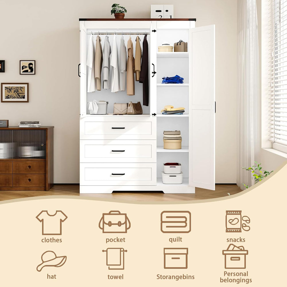 70" Tall Wardrobe Closet with 3 Doors & 3 Drawers, Farmhouse Armoire...