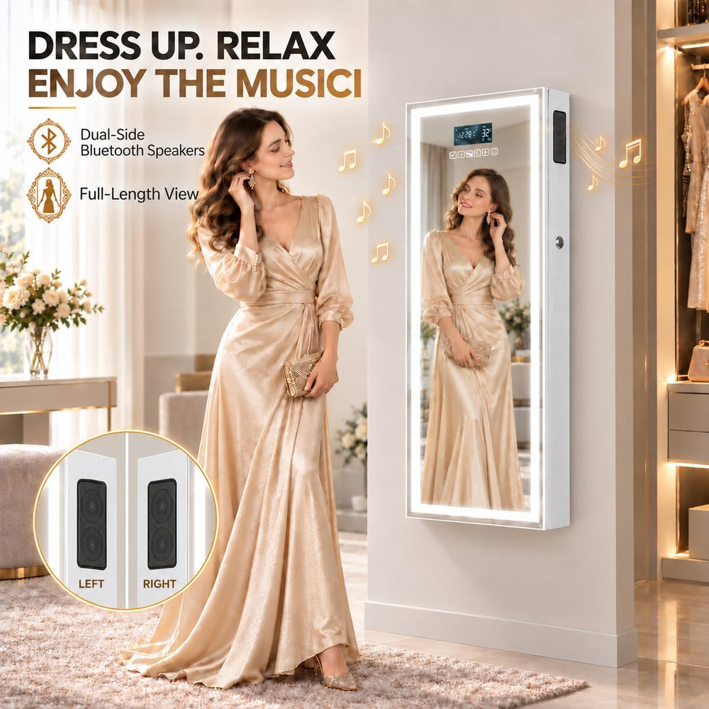 LED Mirror Jewelry Cabinet, Bluetooth Speaker, Full Length Mirror, White