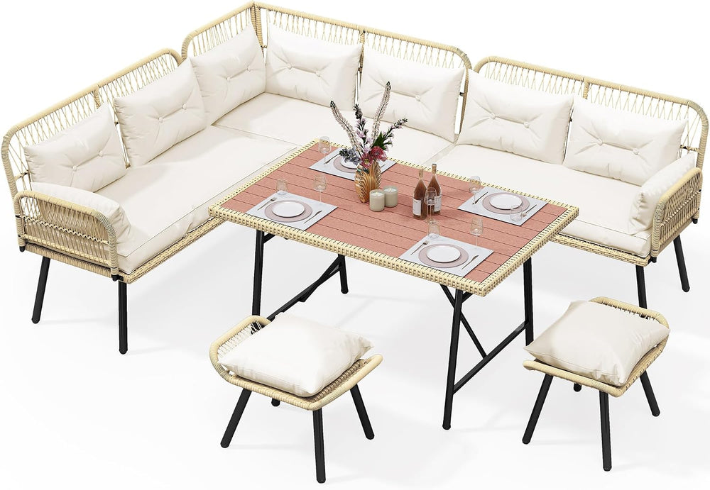 YITAHOME L-Shaped Rattan Patio Furniture Set Light Brown Beige