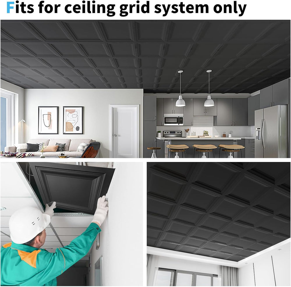 Art3d 12-Pack PVC Waterproof Drop Ceiling Tiles, 2 x 2 ft, Square, Black