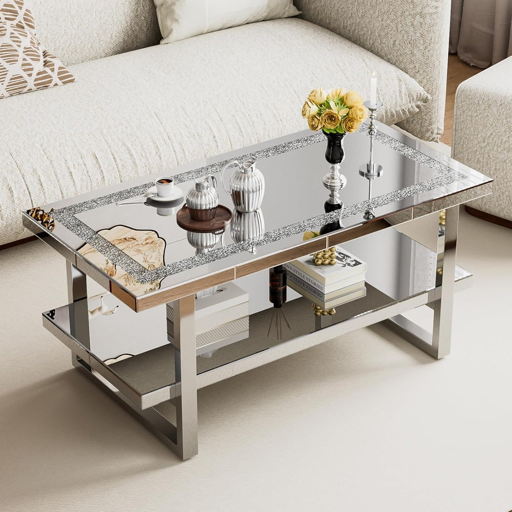IKIFLY Mirrored Coffee Table with 2 Tiers, 2 in 1 Rectangle Coffee Table with...