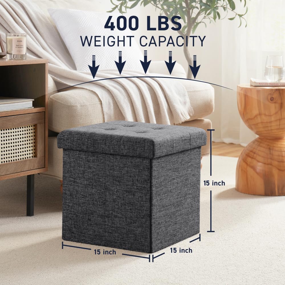 Ornavo Home 15 Inch Folding Storage Ottoman Cube, Tufted Linen, Dark Gray