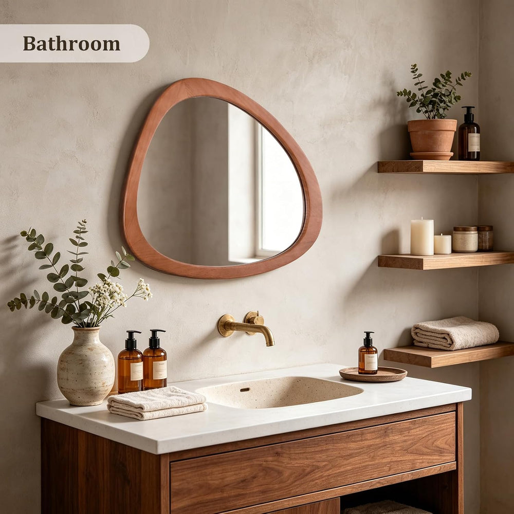 HOMECOOKIN 23 x 19 Asymmetrical Mirror, Irregular Wooden Wall Mirror for Bedr...