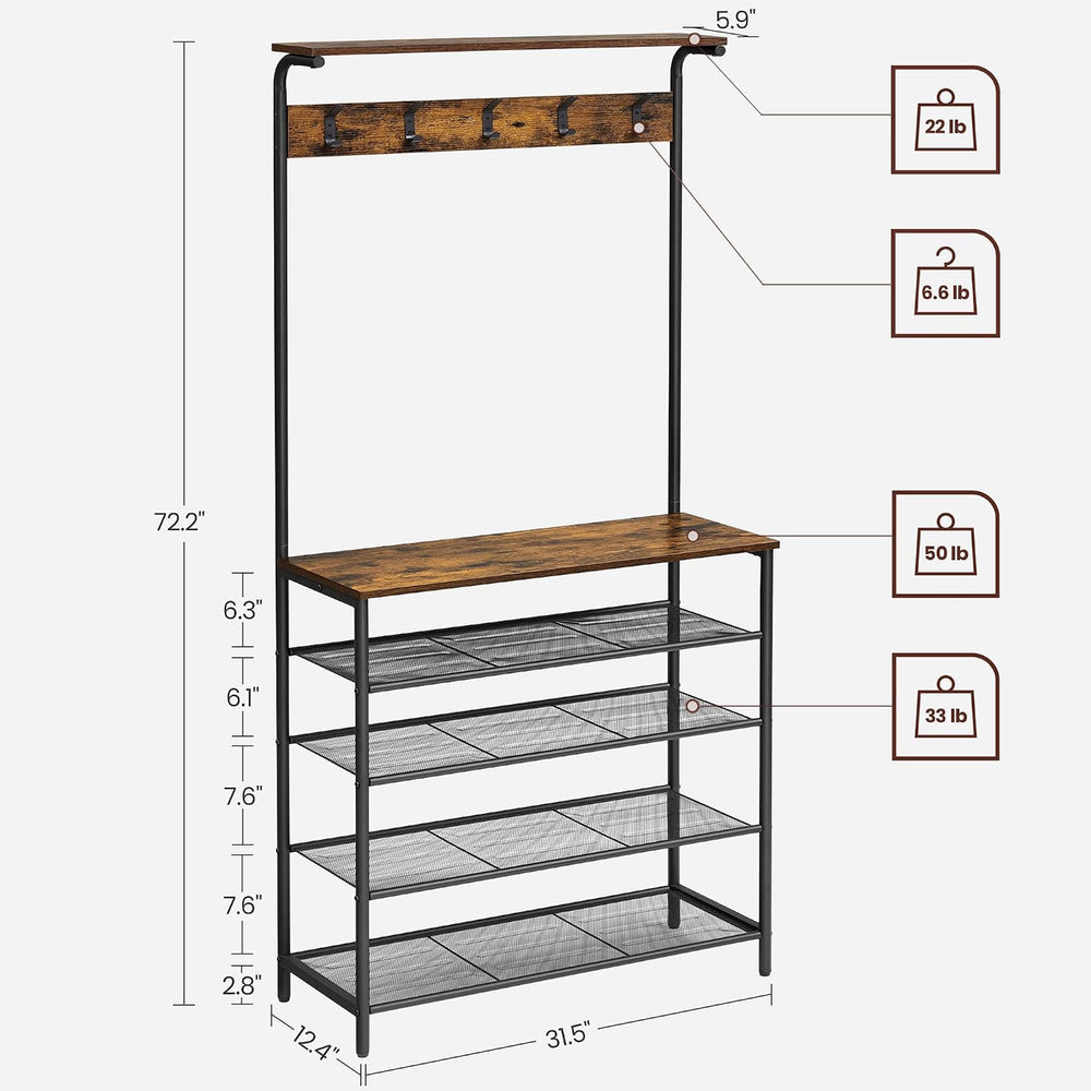 VASAGLE Hall Tree with Shoe Bench, 5-Tier Shoe Rack, 5 Dual Hooks