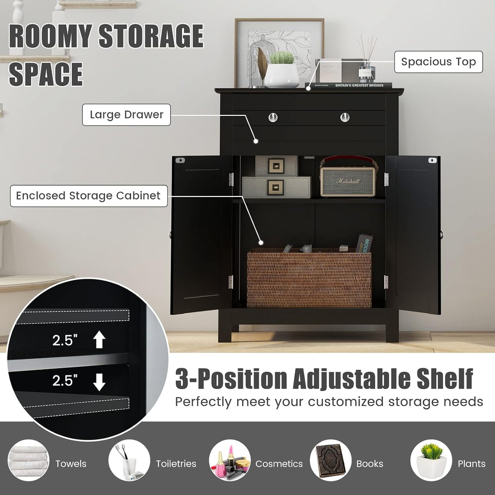 COSTWAY Bathroom Floor Cabinet, Wooden Side Storage Organizer (Black)