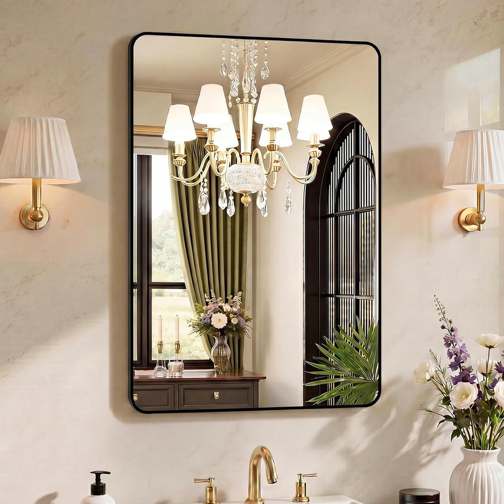 OLIXIS 38x26 Inch Bathroom Wall Mount Mirror with Rounded Rectangle, Black