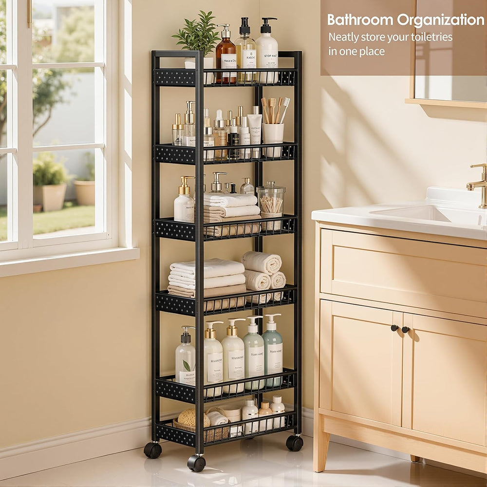 6 Tier Slim Storage Cart, Narrow Rolling Cart with Wheels, 6in(W)