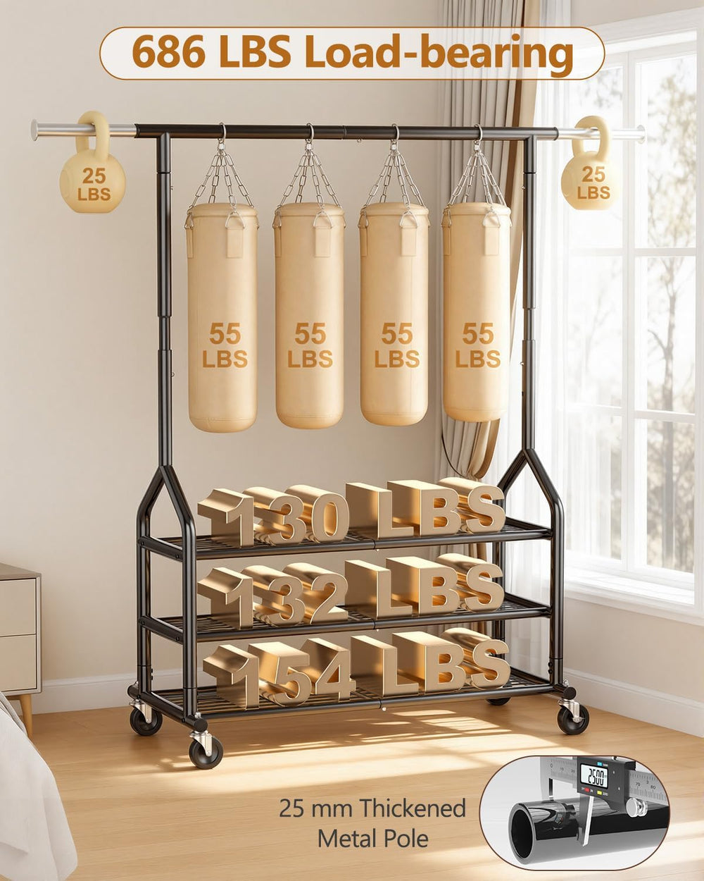 EAGMAK Heavy Duty Clothing Rack, Rolling Clothes Rack with 3 Shelves, Black