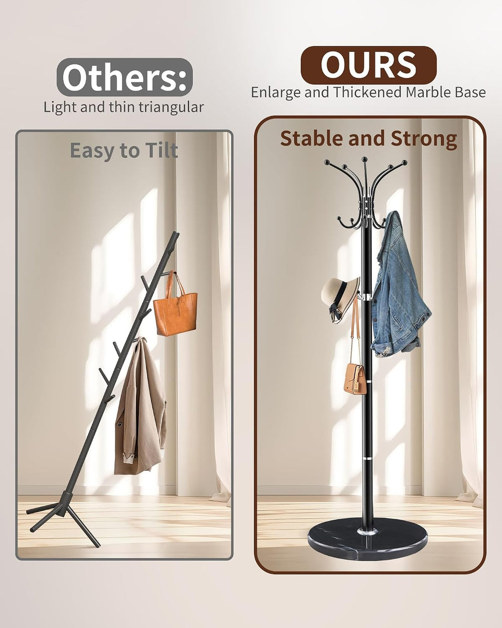 Snaikor Metal Coat Rack Freestanding with Marble Base 360°Rotary 14 Hooks