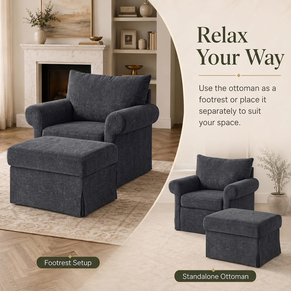 35.82" Oversized Accent Chair with Ottoman, Chenille Armchair, Gray