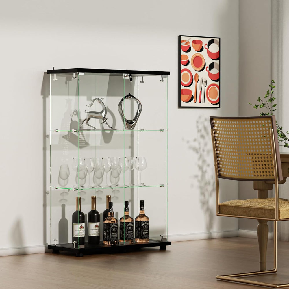 VINGLI Glass Display Cabinet with 3 Shelves, Double Doors and Lock, Floor Sta...