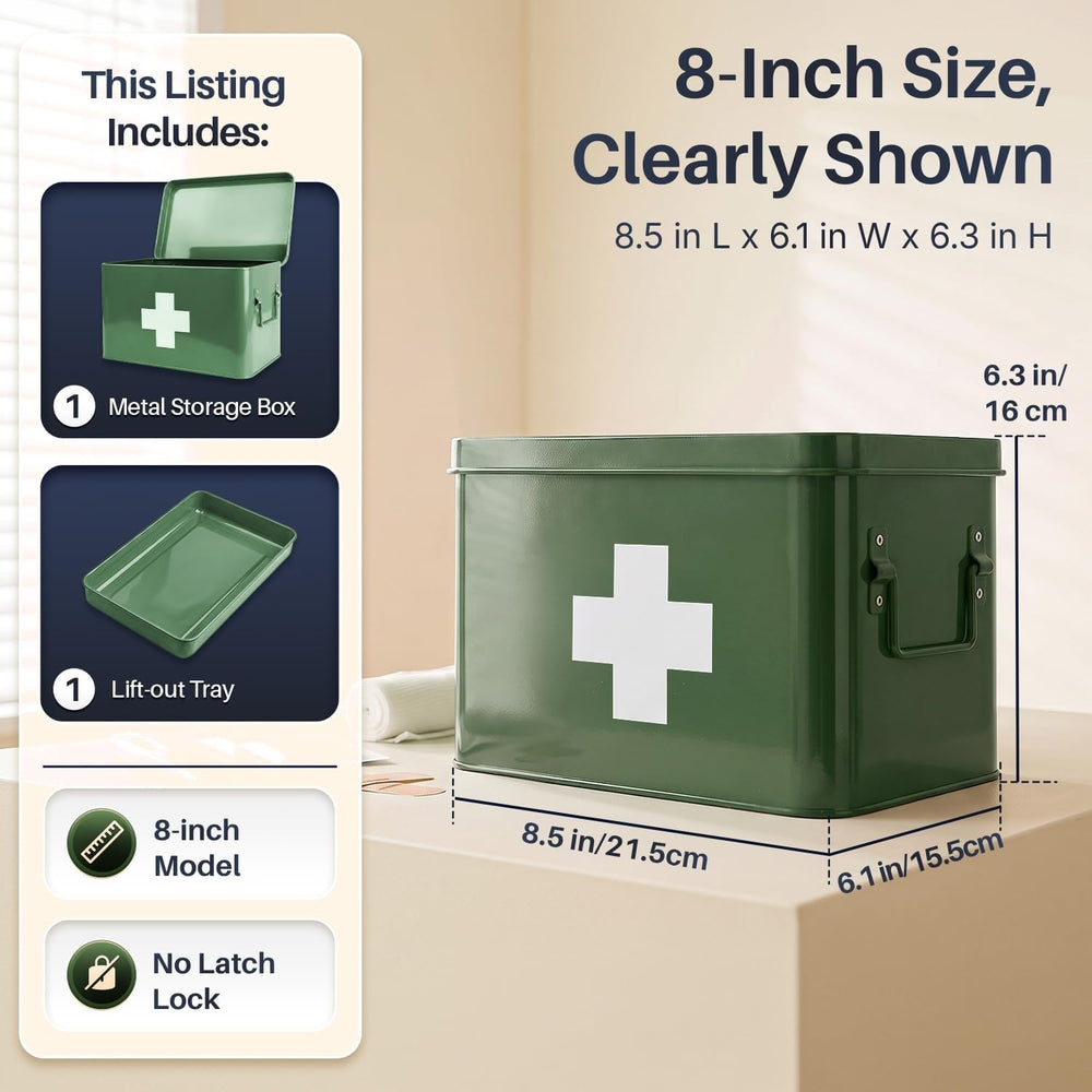 Flexzion Large Metal First Aid Box Empty, 8.5-Inch, Green with White Cross