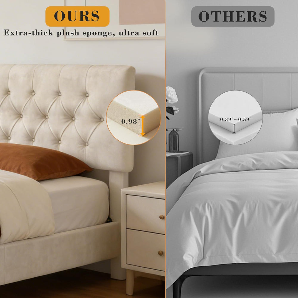 Queen Size Bed Frame with Headboard, Luxury Velvet Fabric Upholstered Bed fra...