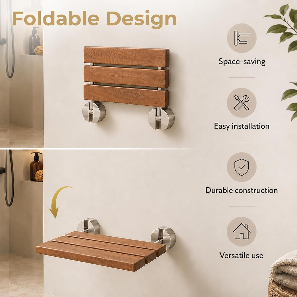 DIYHD 20" Burmese Teak Wood Wall Mounted Folding Shower Bench, Brushed