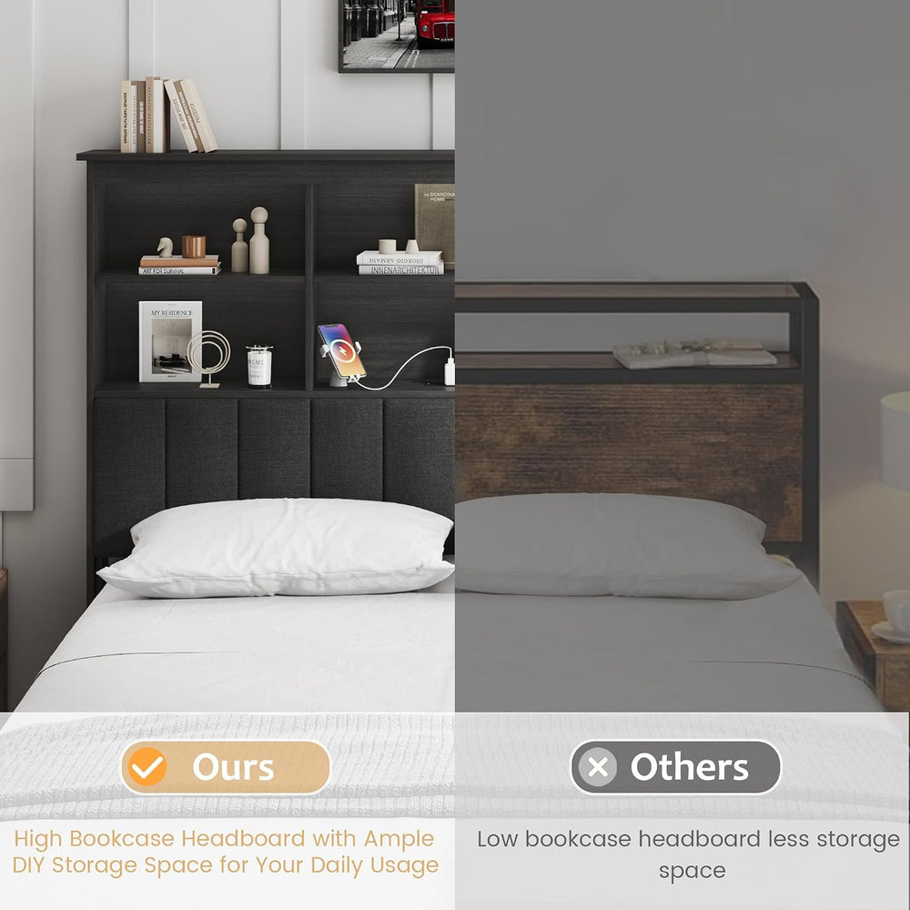 HISOFT Queen Bed Frame with Storage Headboard, Wooden Bed with High Storage B...