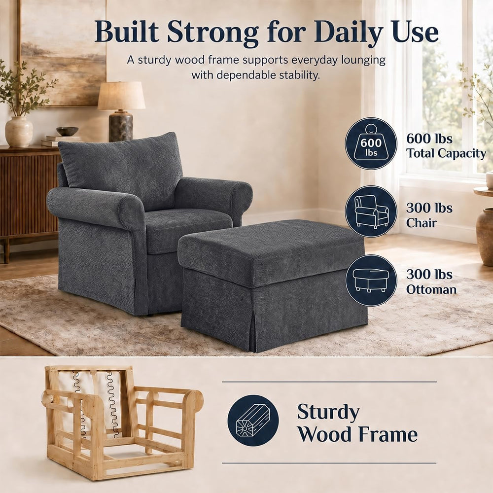 35.82" Oversized Accent Chair with Ottoman, Chenille Armchair, Gray