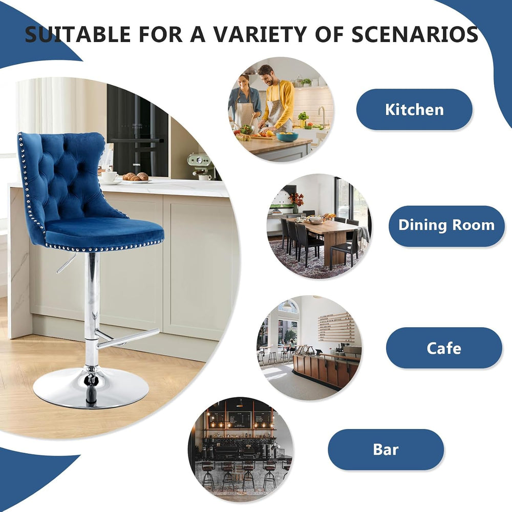 Velvet Bar Stool Set of 2, Adjustable Swivel Bar Stools with Silver Plated Me...