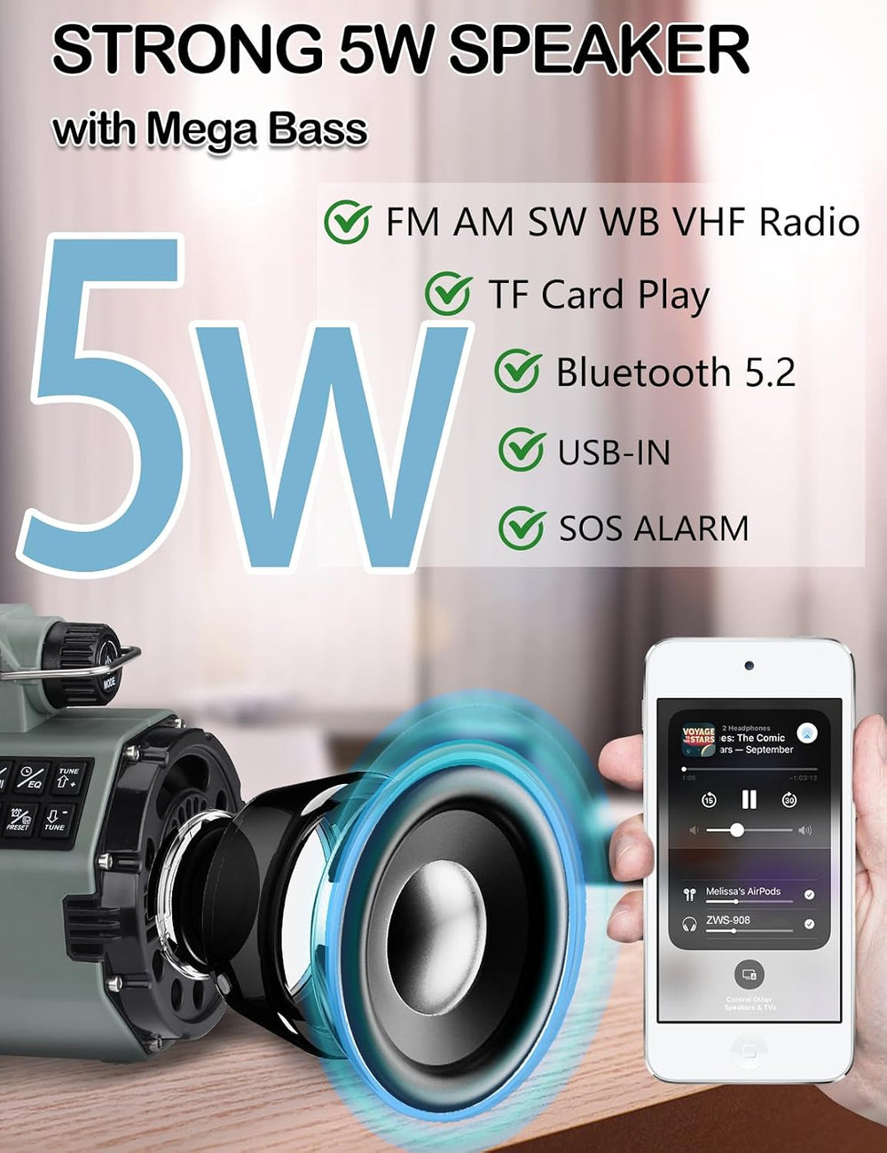 ZHIWHIS Emergency Radio with Bluetooth, Multi-Function Portable Radios with L...
