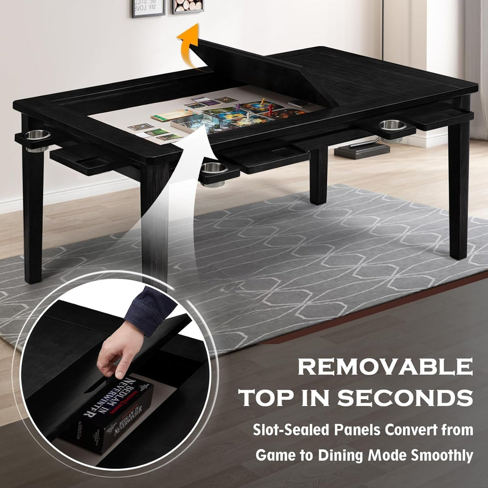 63"x39" Board Game Table with Removable Top Solid Wood Dining/Gamin...