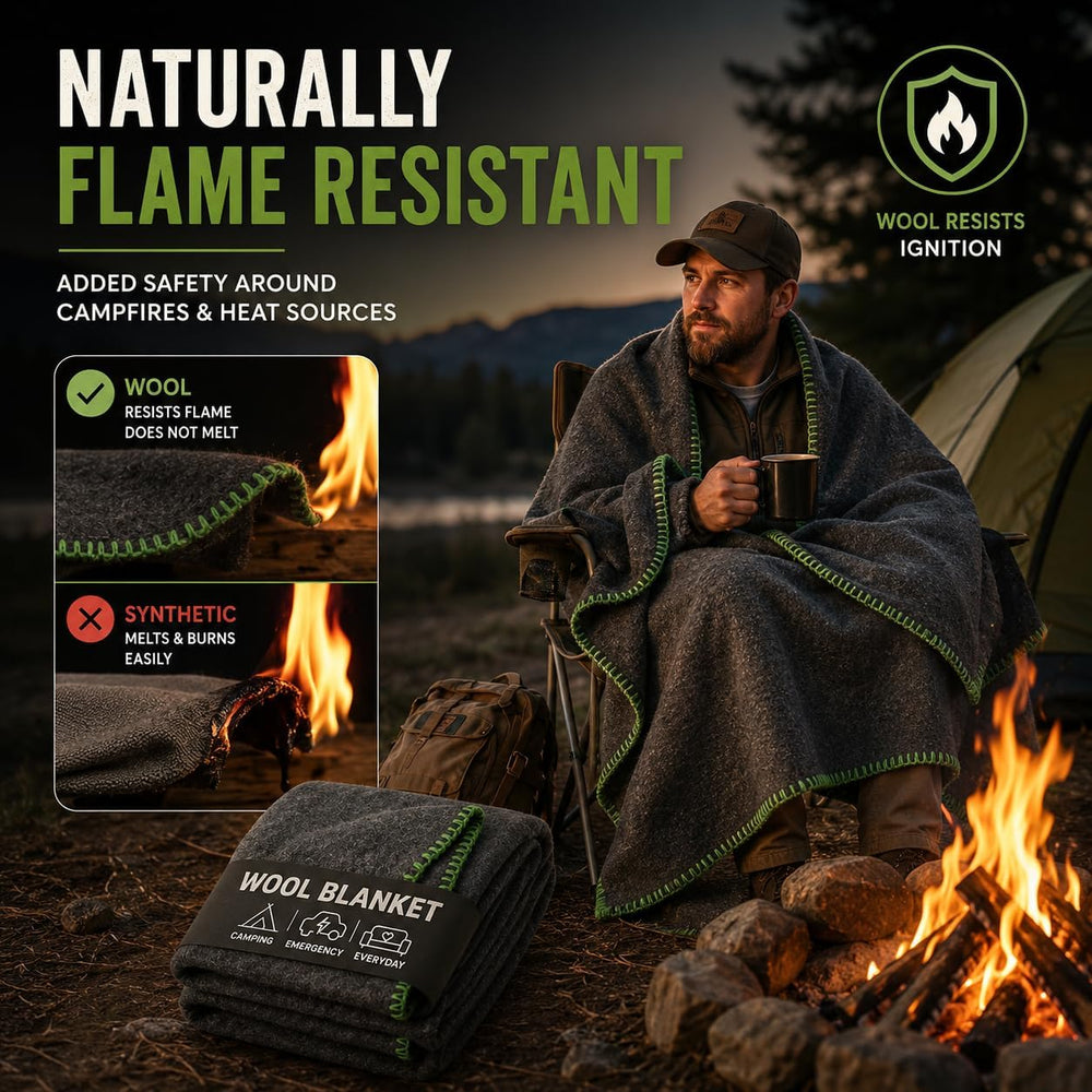 JMR Wool Camping Blanket, Fire Retardant Military Throw, Grey (62x84)