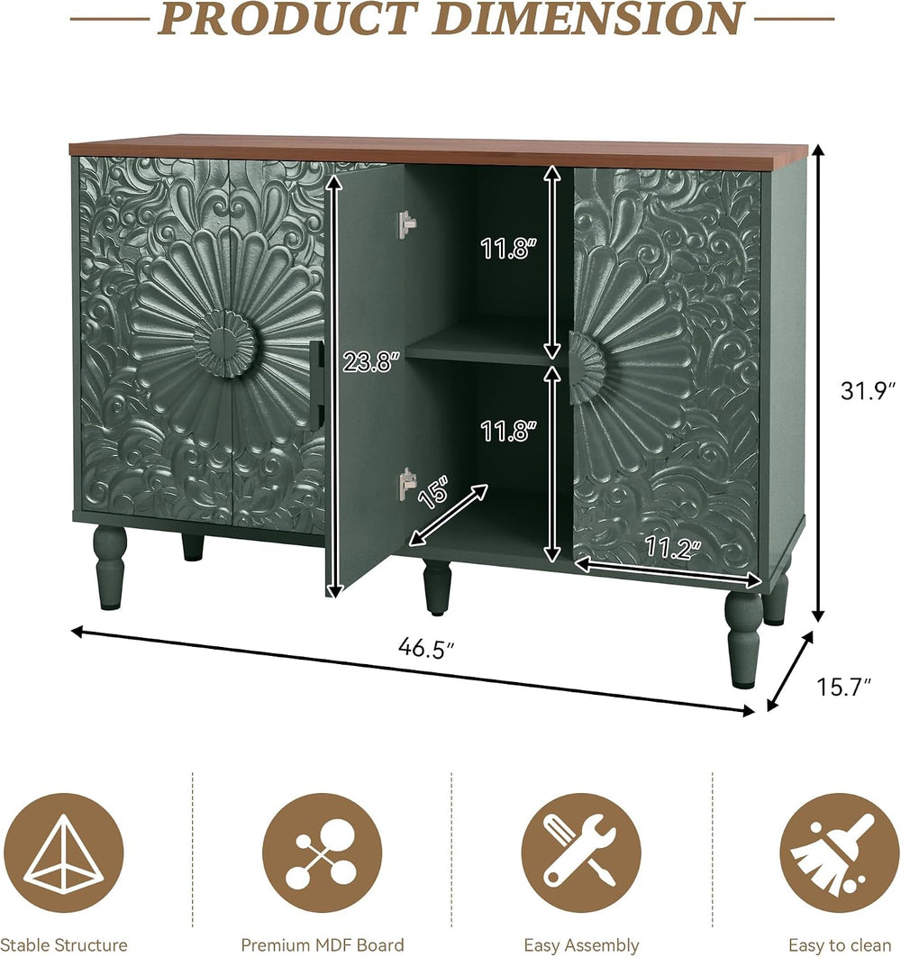 Accent Cabinet with 4 Vintage Carved Flower Doors, Green