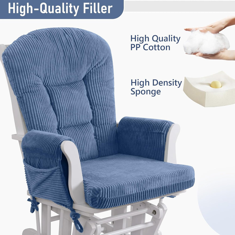 5PCS Glider Rocker Replacement Cushions with Storage Side Pockets, Blue