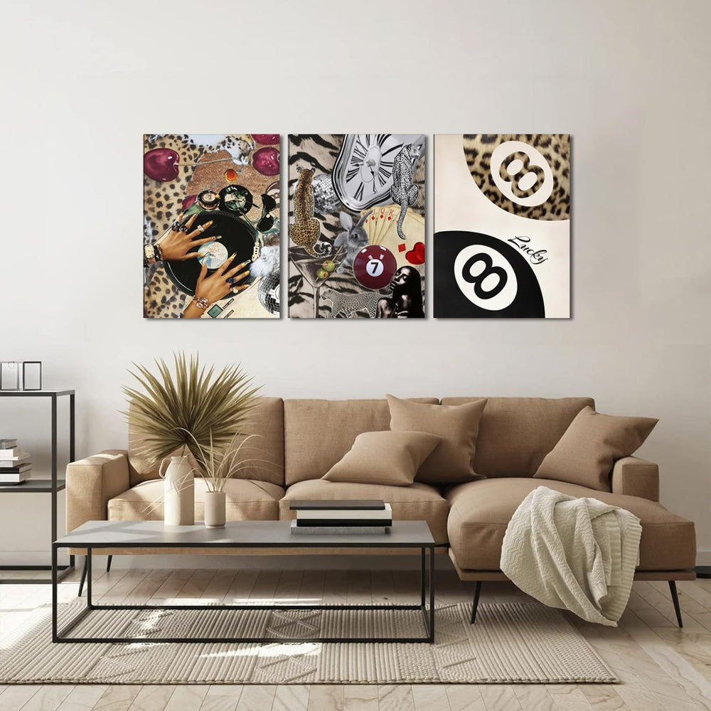 Fashion Cheetah Wall Art Set of 3 Leopard Wall Decor Pictures Lucky 8 Ball Po...
