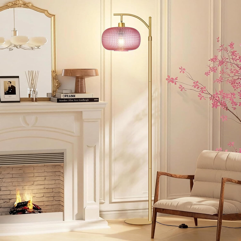 Glass Floor Lamp for Living Room,Modern Standing Lamp with Pink Lamp Shade
