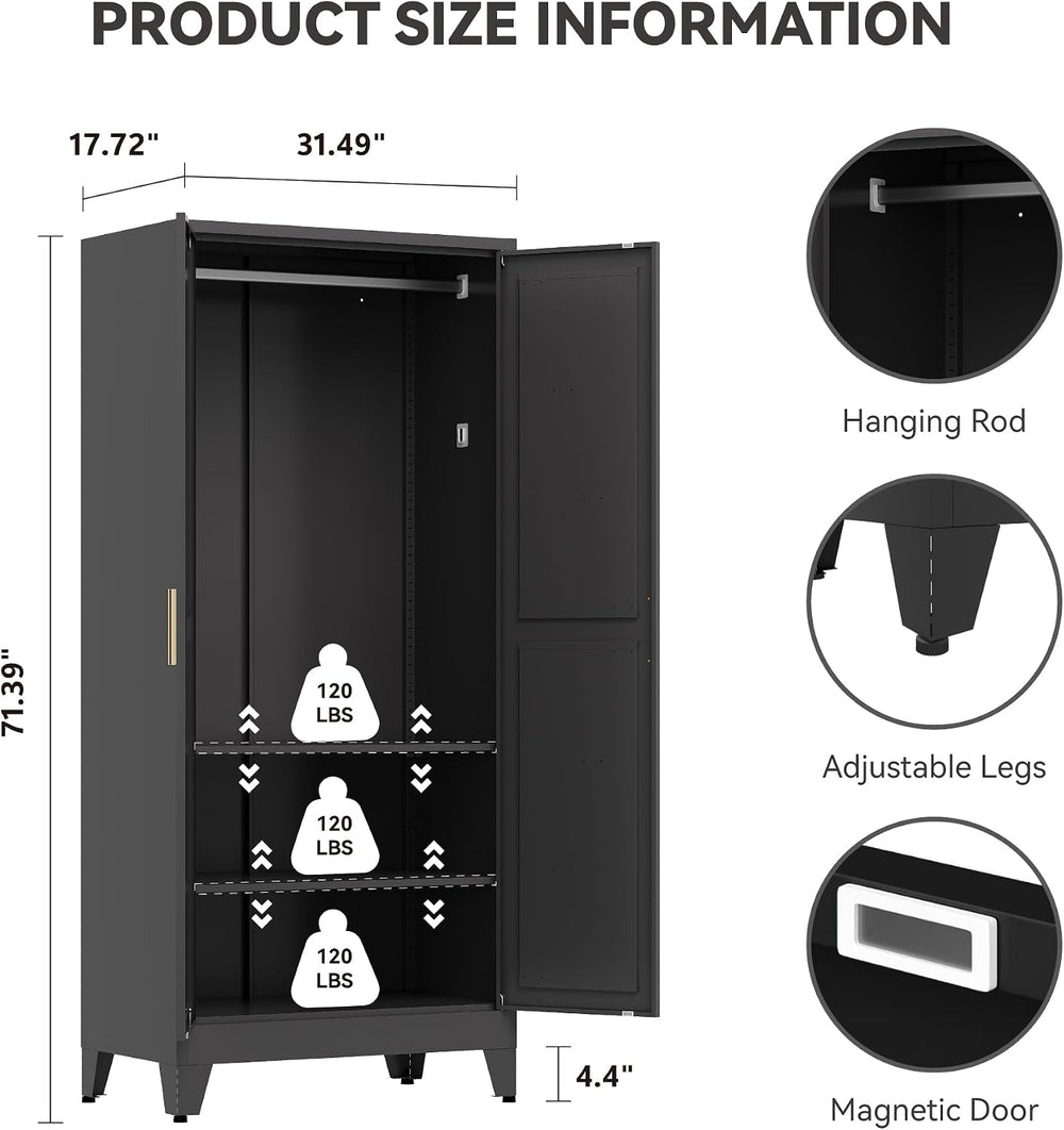 Baborokic Metal Armoire Wardrobe Closet with Hanging Rod,71H Metal Cabinet wi...