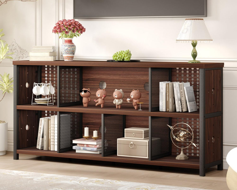 LVB Wood Horizontal Bookshelf, Industrial Bookcase with Storage, Walnut 63"