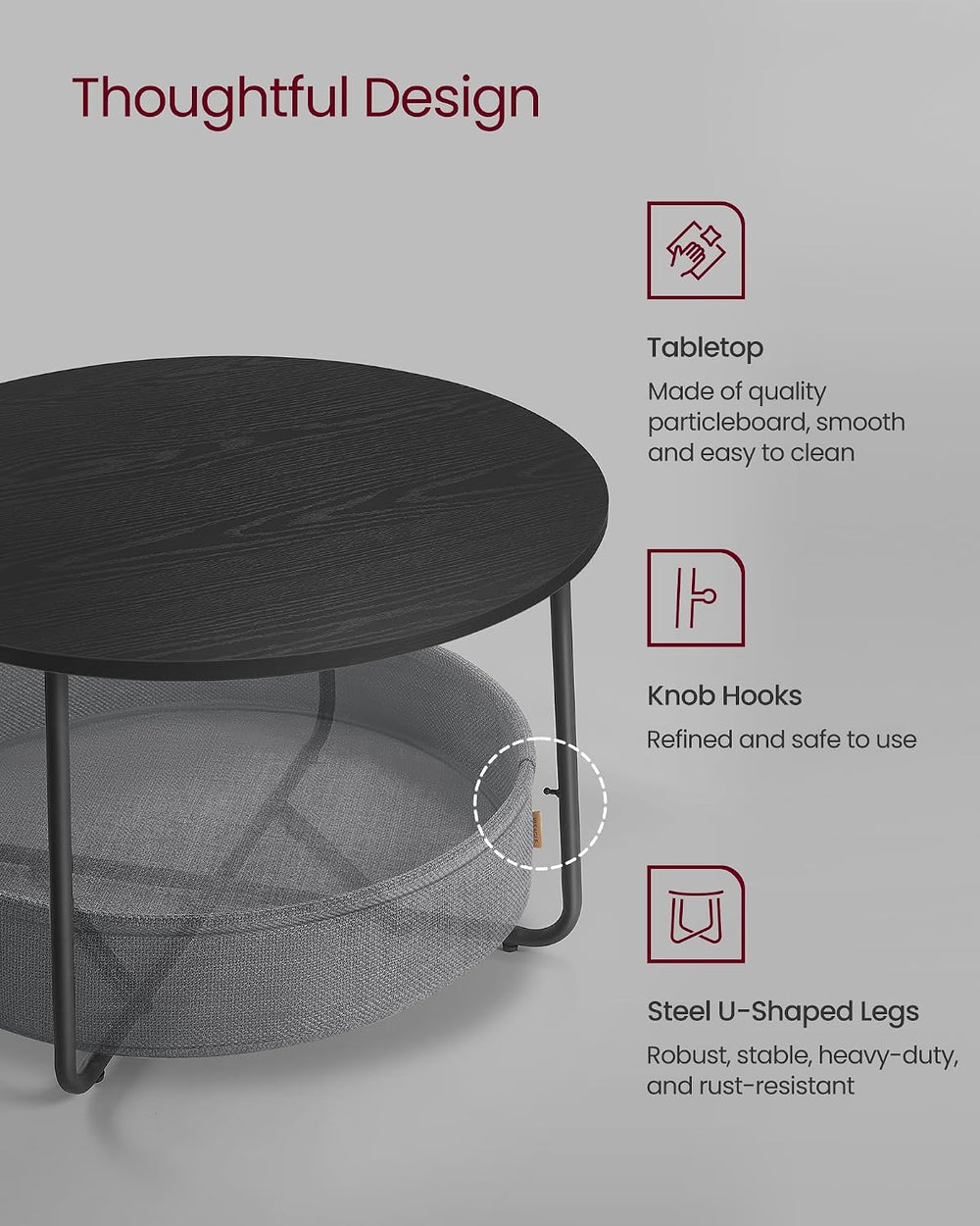VASAGLE Round Coffee Table with Storage, Fabric Basket, Metal Frame