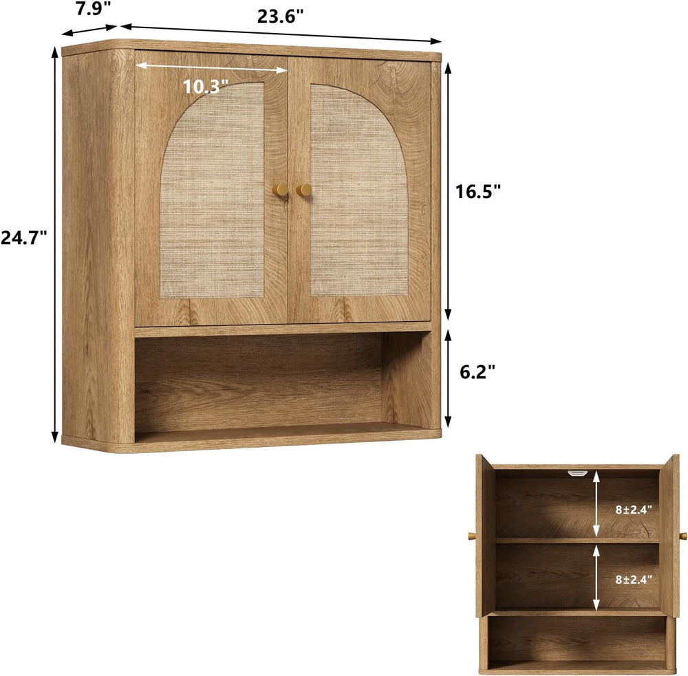 RUSTOWN Rattan Bathroom Wall Cabinet with 2 Arched Doors & Adjustable Shelf