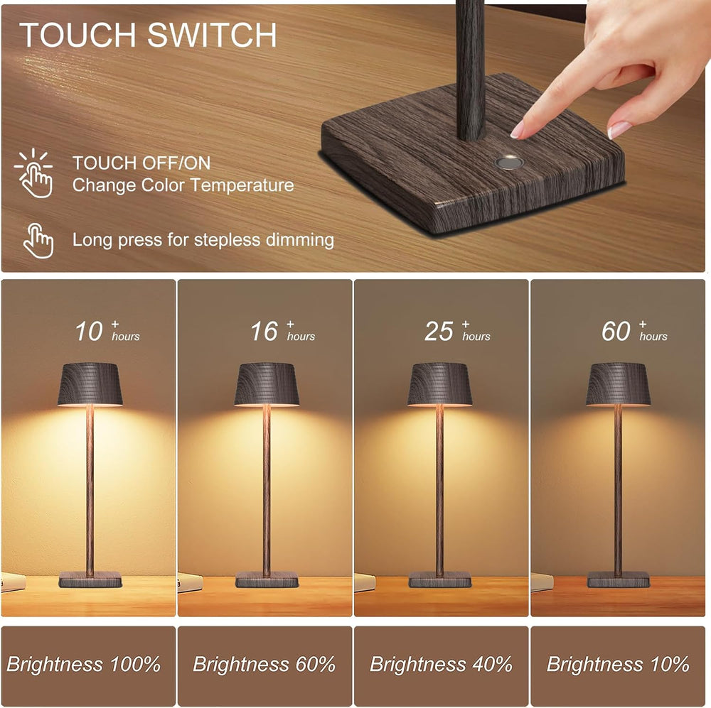 Cordless Rechargeable LED Table Lamp Set of 2, Walnut
