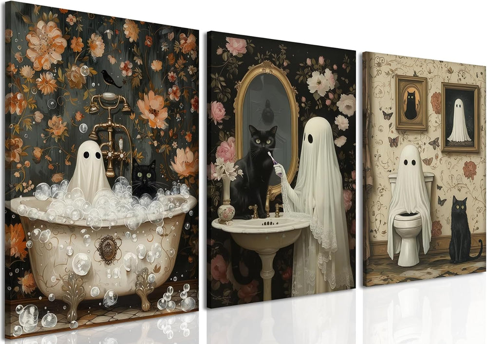 Halloween Ghost Bathroom Wall Art Set of 3, Funny Gothic Wall Decor Dark Acad...
