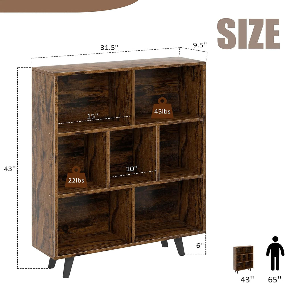 Vongrasig 7 Cube Bookshelf, 3 Tier Mid-Century Modern Bookcase with Legs, Woo...