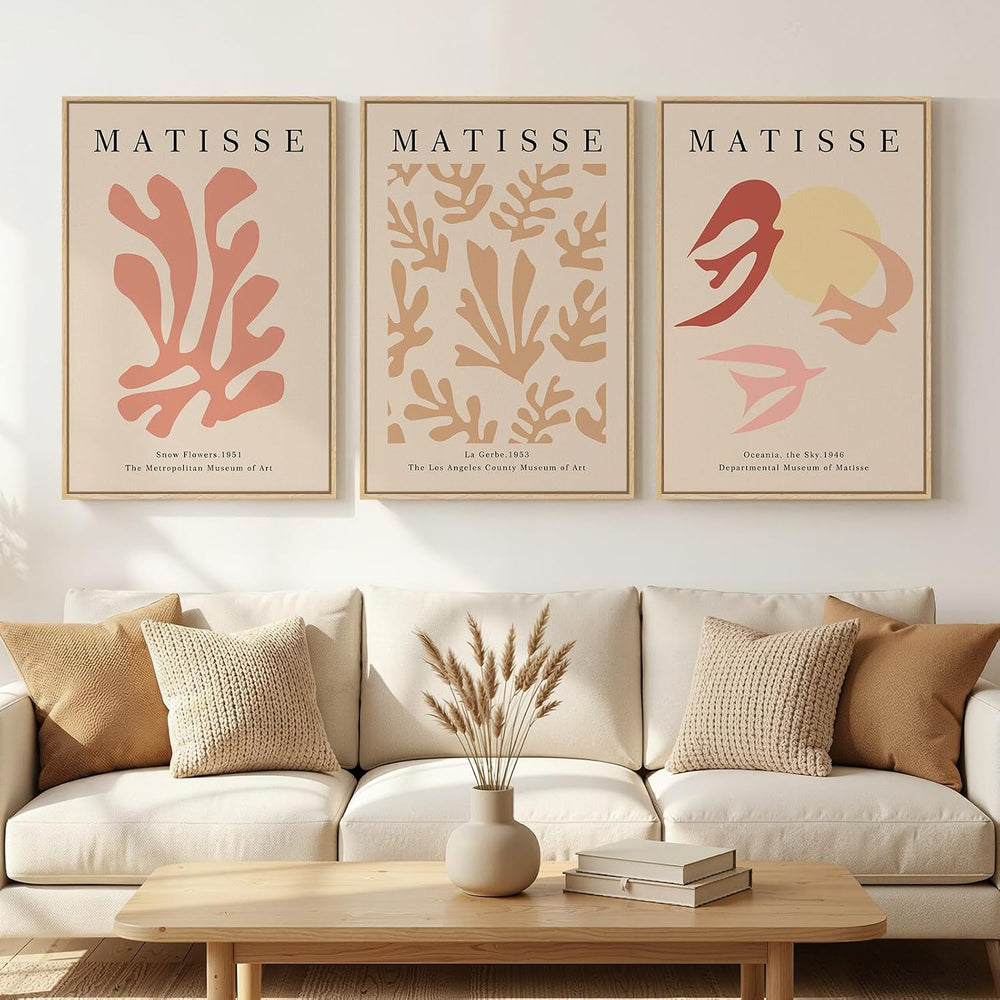 Large Framed Pink Abstract Matisse Canvas Wall Art for Living Room, 3 Piece