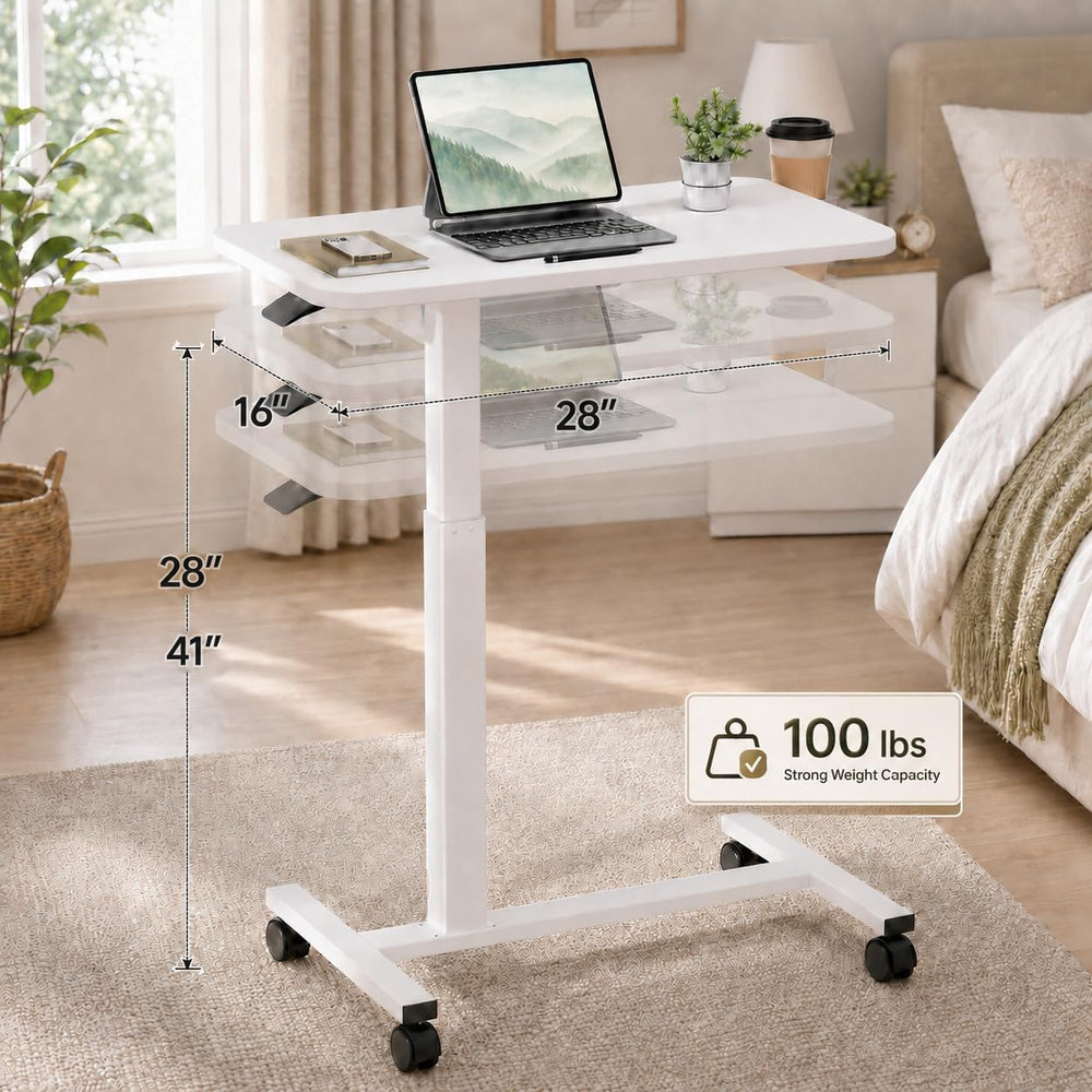 GTPLAYER Mobile Rolling Desk, Adjustable Height Laptop Table, 28 Inch White