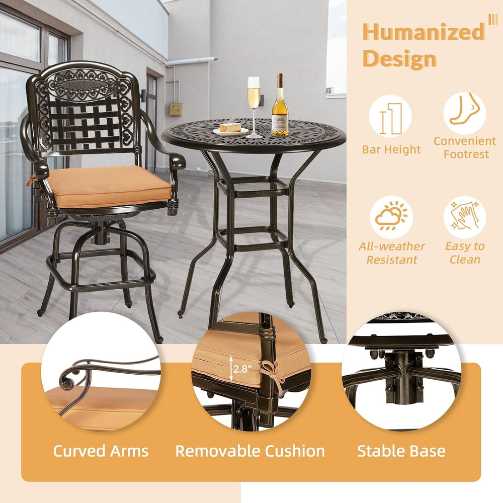 3-Piece Patio Swivel Bar Set, High Top Bar Table & Chairs, All-Weather Ca...