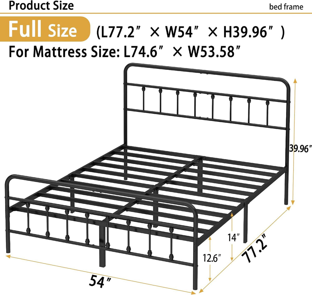 Vengarus Full Metal Bed Frame with Victorian Headboard & Footboard, Black