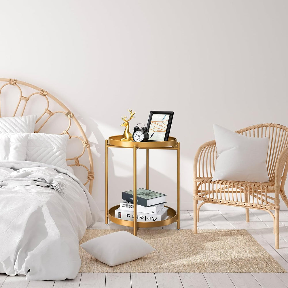 danpinera 2 Tier End Table, Metal Round Side Table with Removable Tray